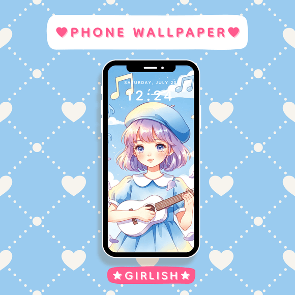 Pink Purple Hair Girl Playing Guitar with Music Notes - Cheerful Phone Wallpaper