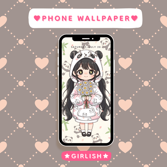 Cute Panda Hoodie Girl Holding Daisies – Kawaii Wallpaper Art