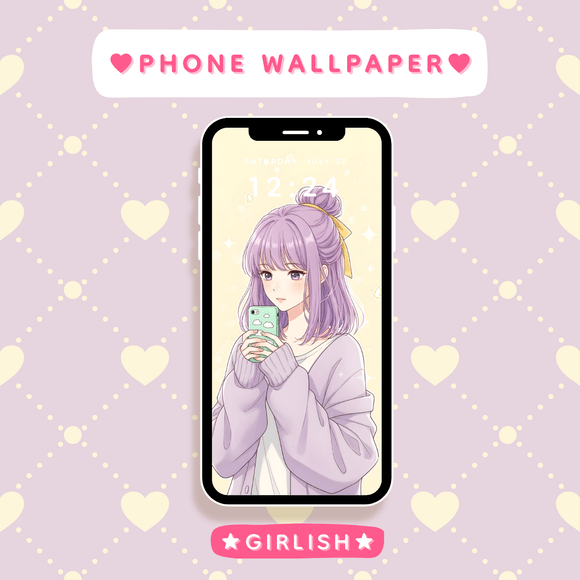 Purple Hair Girl with Yellow Ribbon and Cloud Phone - Soft Aesthetic Wallpaper ``` (86자)  **Title Ta