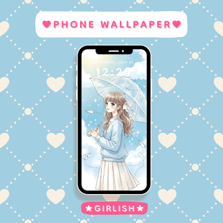 Brown Hair Girl with Clear Umbrella and Paper Planes - Soft Blue Wallpaper