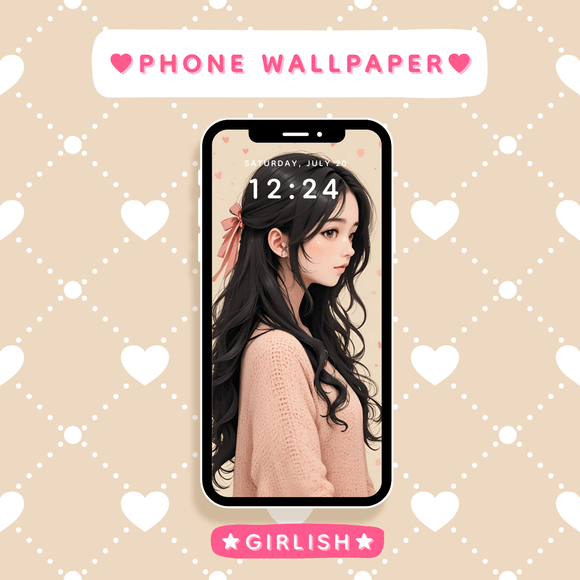 Black Hair Anime Girl with Pink Ribbon - Elegant Romantic Phone Wallpaper