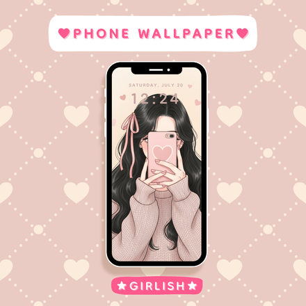 Selfie Girl with Pink Heart Phone – Elegant Pastel Aesthetic Wallpaper