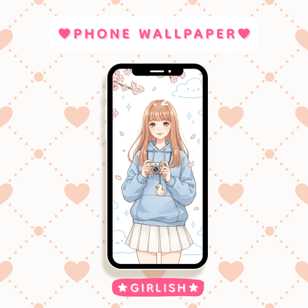 Sakura Girl with Camera – Pastel Blue Spring Aesthetic Wallpaper