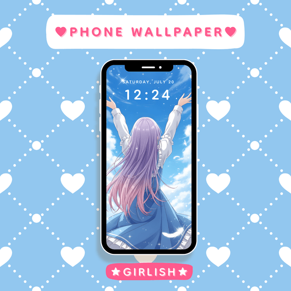 Purple Pink Hair Girl Reaching for Sky - Dreamy Blue Phone Wallpaper