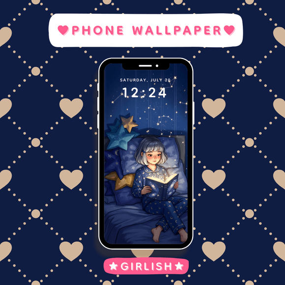 Girl Reading Glowing Book in Bed with Stars - Cozy Night Phone Wallpaper