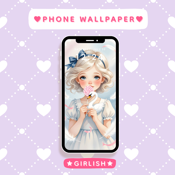 Blonde Girl with Lollipop and Swan - Dreamy Fairytale Phone Wallpaper