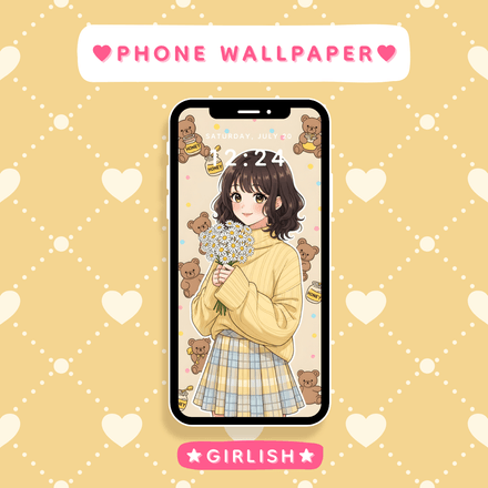 Honey Bear Girl with Daisies – Warm Pastel Cozy Aesthetic Wallpaper