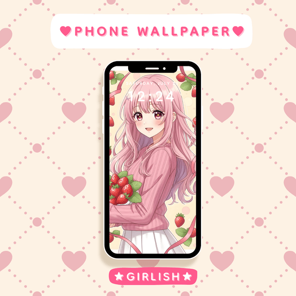 Pink Hair Anime Girl with Strawberries - Sweet Kawaii Phone Wallpaper