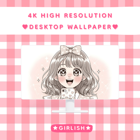 Black and White Sketch Girl Taking Selfie with Polka Dot Bow - Cute Desktop Wallpaper