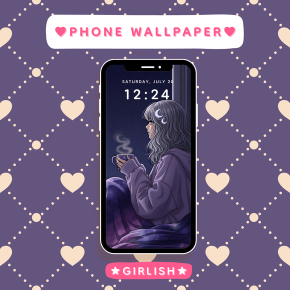Silver Hair Girl with Coffee at Night Window - Peaceful Purple Phone Wallpaper