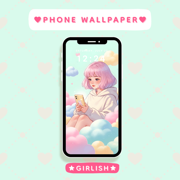 Pink Hair Girl Sitting on Clouds with Bunny Phone - Dreamy Pastel Wallpaper