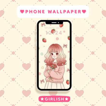 Strawberry Hair Girl Holding Flowers – Sweet Pastel Kawaii Wallpaper