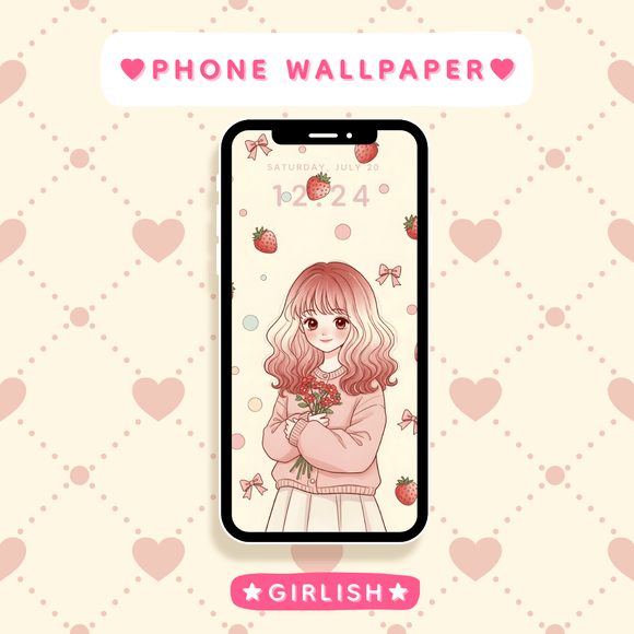 Strawberry Hair Girl Holding Flowers – Sweet Pastel Kawaii Wallpaper