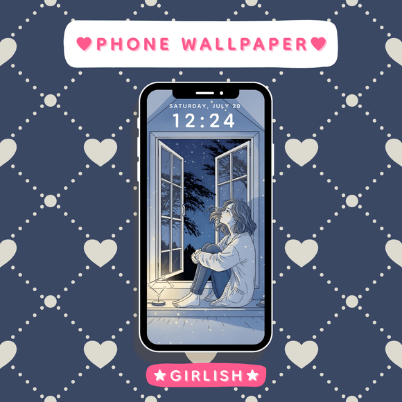 Girl by Window Looking at Starry Night Sky - Peaceful Blue Phone Wallpaper