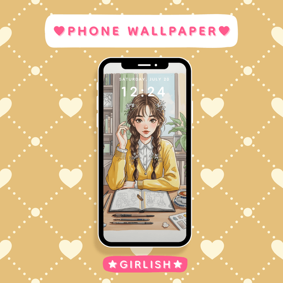 Atelier Girl with Sketchbook – Warm Yellow Artistic Aesthetic Wallpaper
