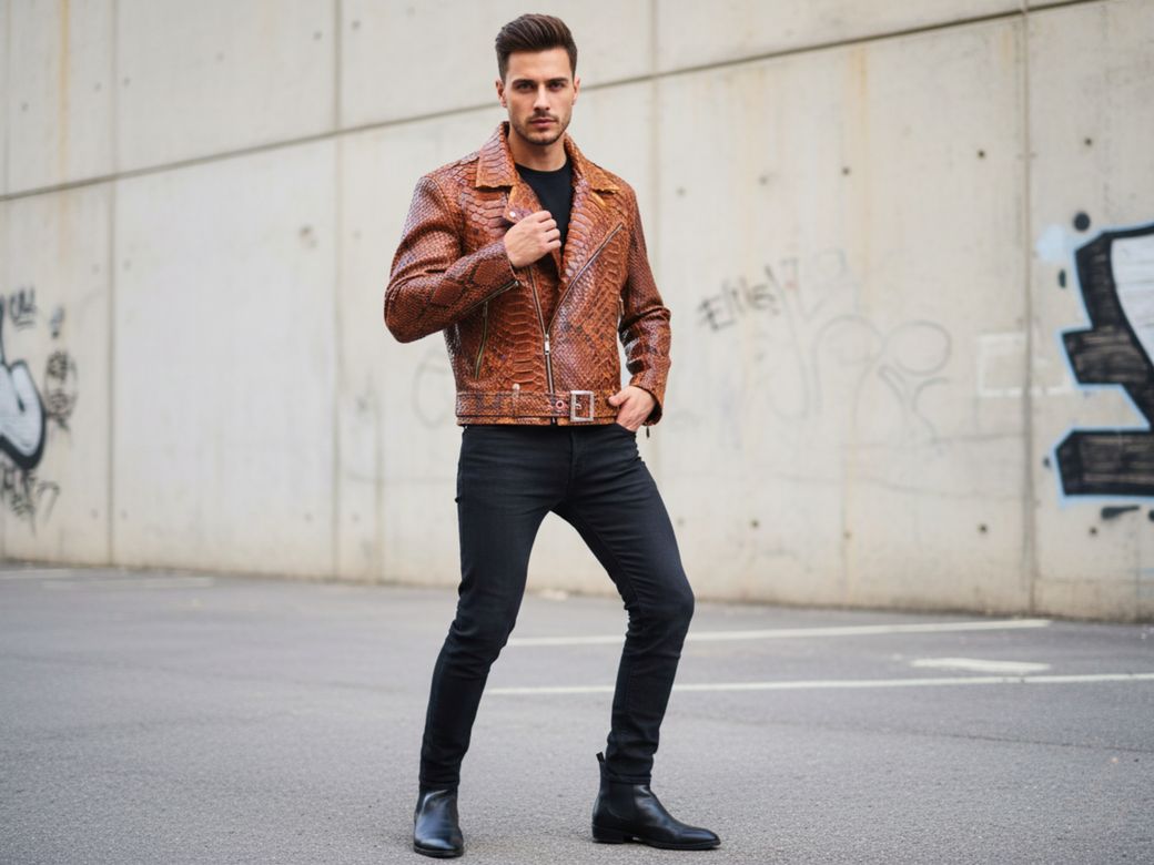 Genuine Python Leather Biker Jacket - Unique Scale Pattern