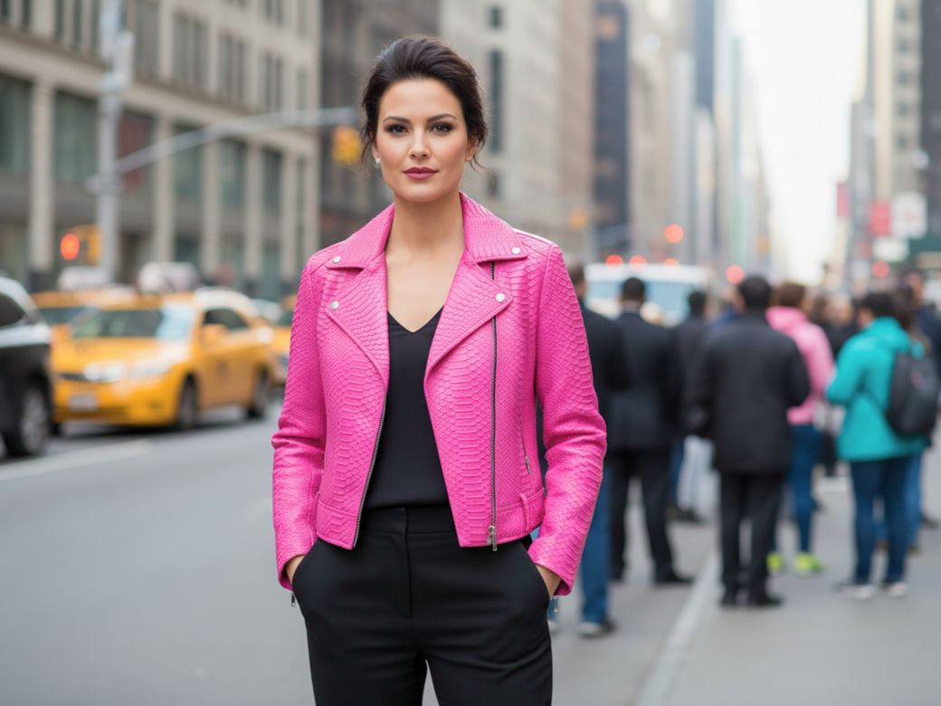 Women’s Fuchsia Snakeskin Leather Biker Jacket – Luxury Real Python Motorcycle Style