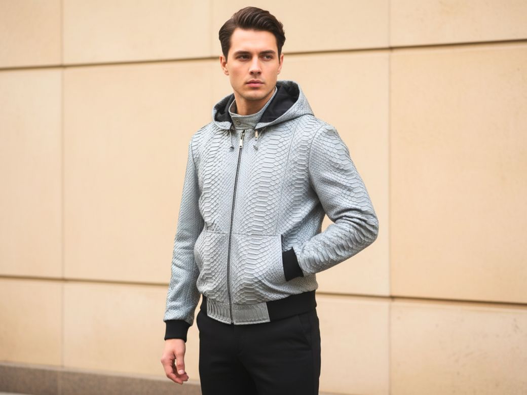 Men’s Silver Python Leather Hoodie – Genuine Snakeskin Luxury Jacket