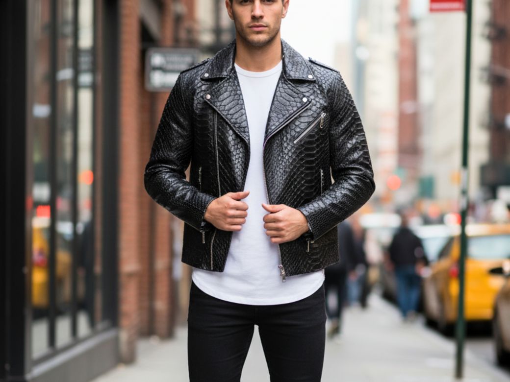 Black Genuine Python Leather Jacket – Classic Snakeskin Biker Style