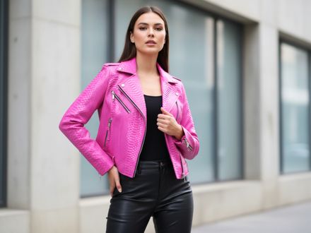 Women&#x27;s Hot Pink Snakeskin Leather Moto Jacket – Bold Zip-Up Biker Style