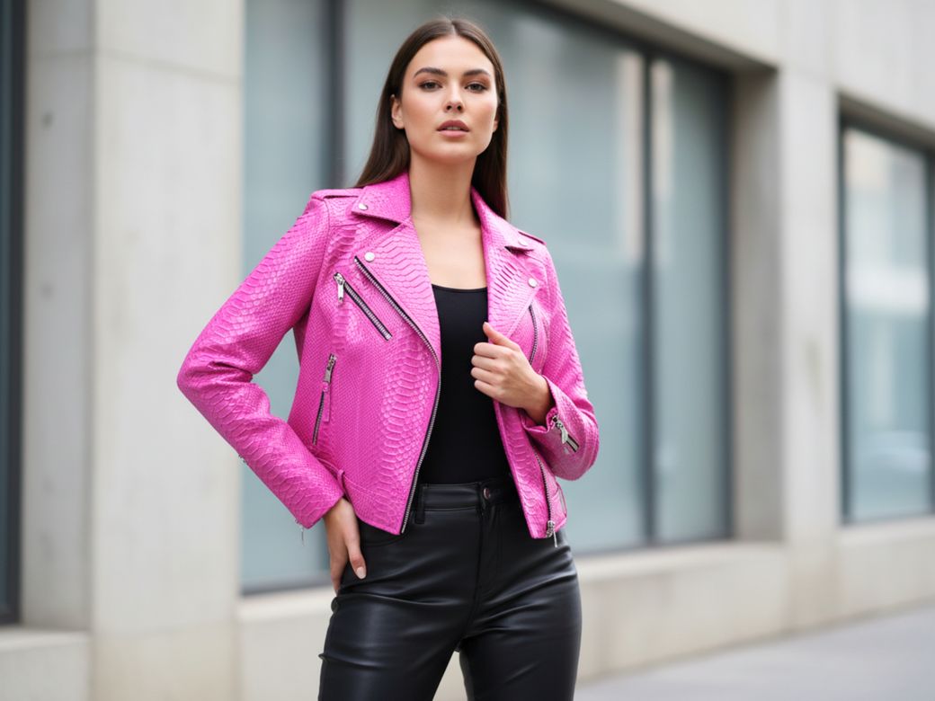 Women&#x27;s Hot Pink Snakeskin Leather Moto Jacket – Bold Zip-Up Biker Style
