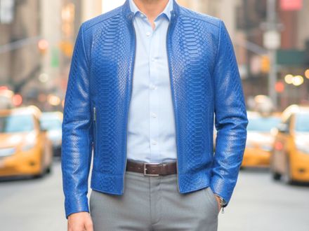 Men’s Genuine Python Snakeskin Jacket – Electric Blue Luxury Leather Biker Style