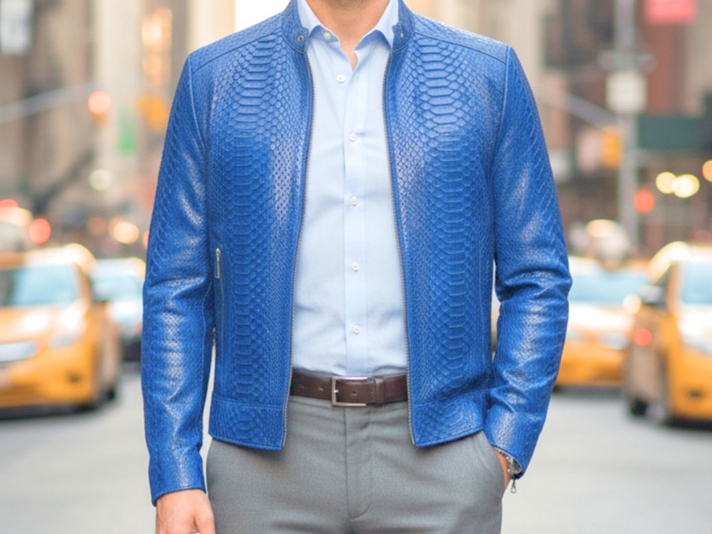 Men’s Genuine Python Snakeskin Jacket – Electric Blue Luxury Leather Biker Style