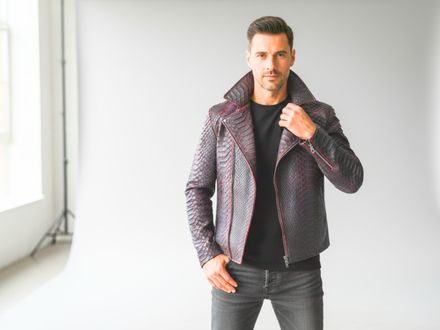 Genuine Python Leather Jacket – Handcrafted Red &amp; Black Snakeskin Biker Style