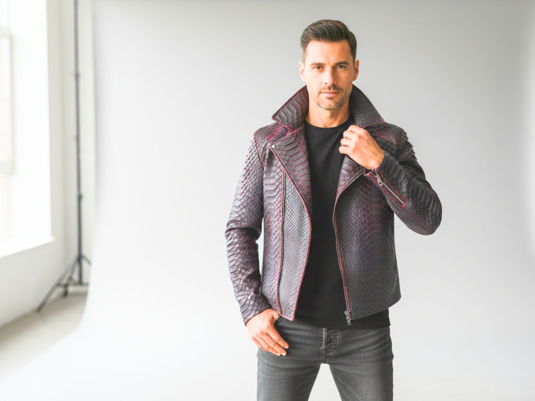 Genuine Python Leather Jacket – Handcrafted Red &amp; Black Snakeskin Biker Style