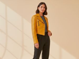 Golden Yellow Genuine Snakeskin Cropped Moto Jacket