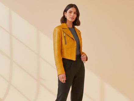 Golden Yellow Genuine Snakeskin Cropped Moto Jacket