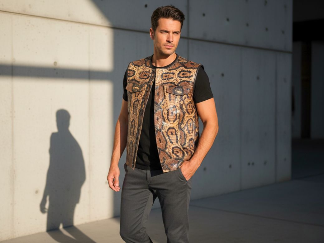 Genuine Python Snakeskin Leather Vest for Men: Handmade Exotic Outerwear