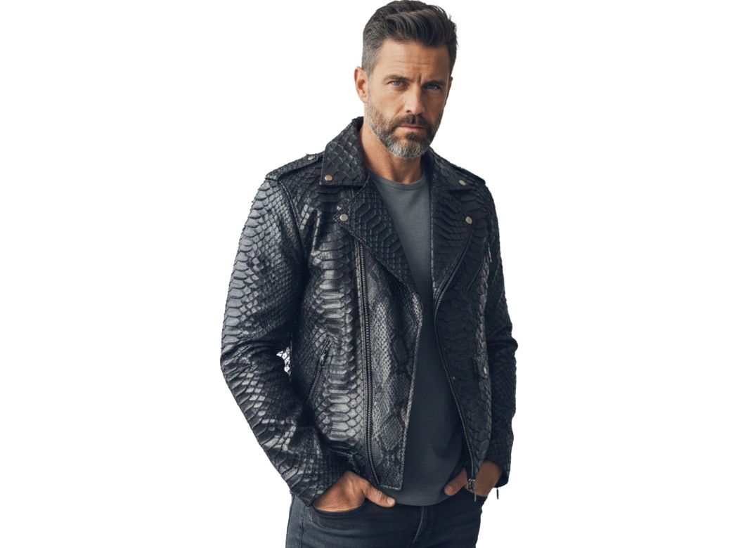 Genuine Black Python Snakeskin Leather Biker Jacket for Men