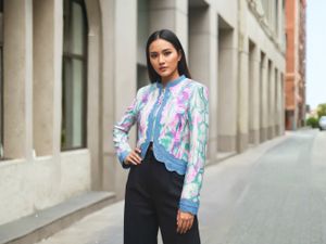 Genuine Python Snakeskin Jacket: Hand-Dyed Multicolor Leather with Blue Trim