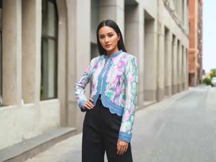 Genuine Python Snakeskin Jacket: Hand-Dyed Multicolor Leather with Blue Trim