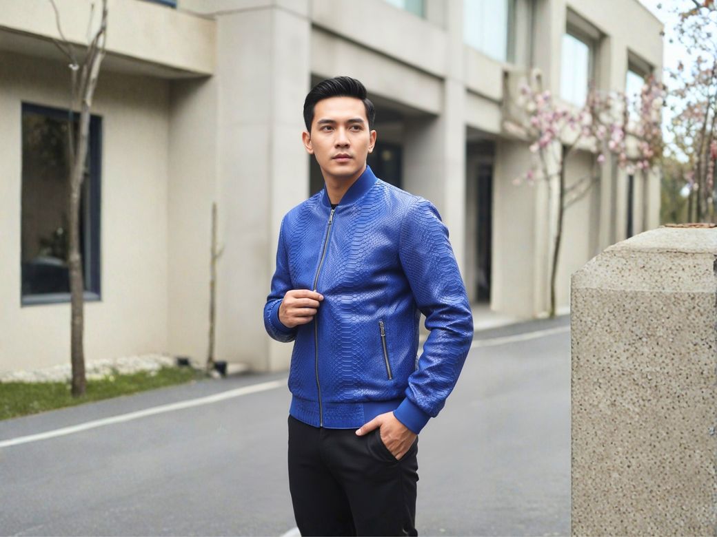 Blue Genuine Python Snakeskin Bomber Jacket: Luxury Exotic Leather Outerwear