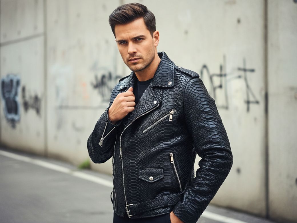Men’s Black Genuine Python Leather Biker Jacket – Classic Handmade Snakeskin Moto Style