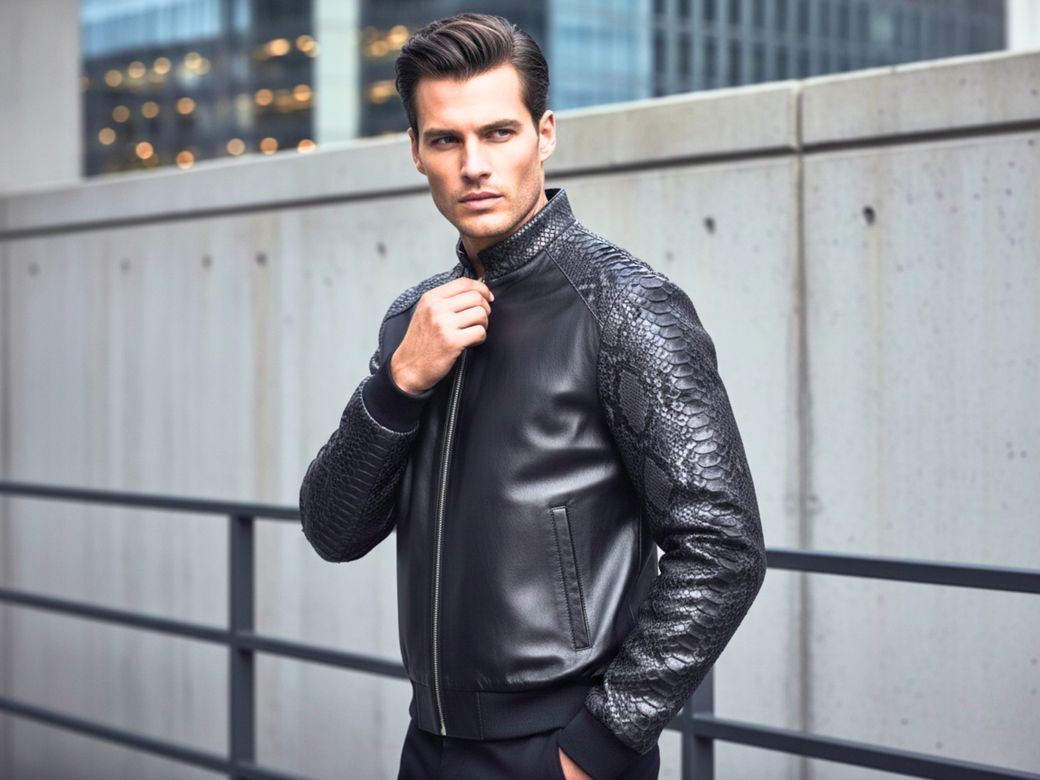 Men’s Black Python Leather Bomber Jacket – Luxury Snakeskin &amp; Lambskin Hybrid