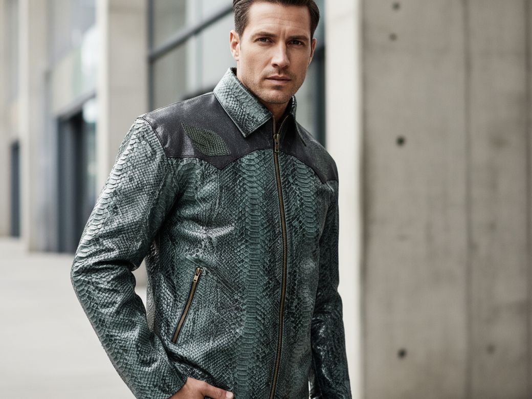 Men’s Green Python Snakeskin Jacket – Exotic Full-Zip Luxury Leather Shirt Jacket