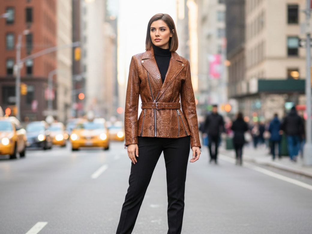 Genuine Python Snakeskin Belted Leather Blazer – Luxury Brown Finish