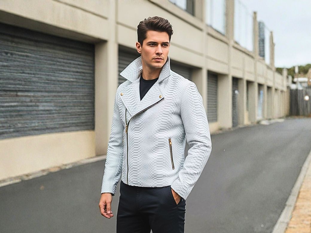 White Python Snakeskin Biker Jacket – Genuine Exotic Leather Luxury Outerwear