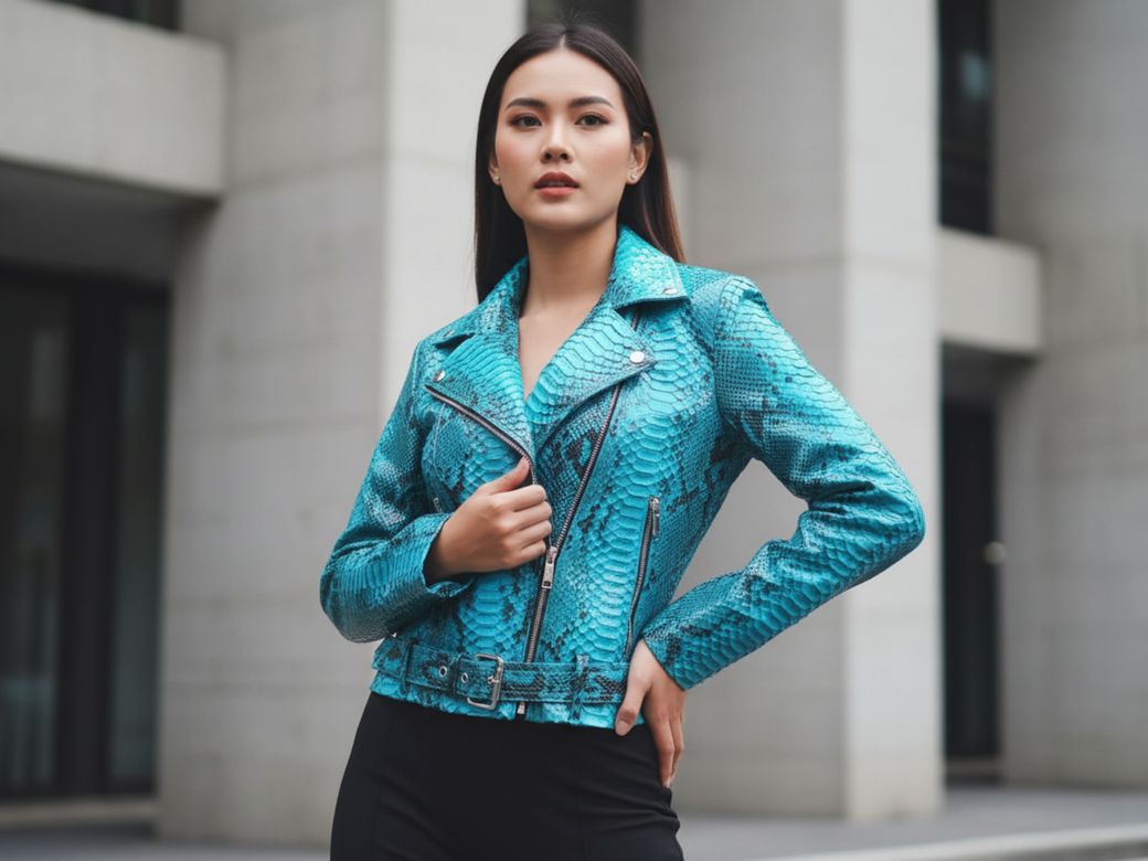 Women&#x27;s Turquoise Python Leather Moto Jacket – Genuine Snakeskin Biker Style