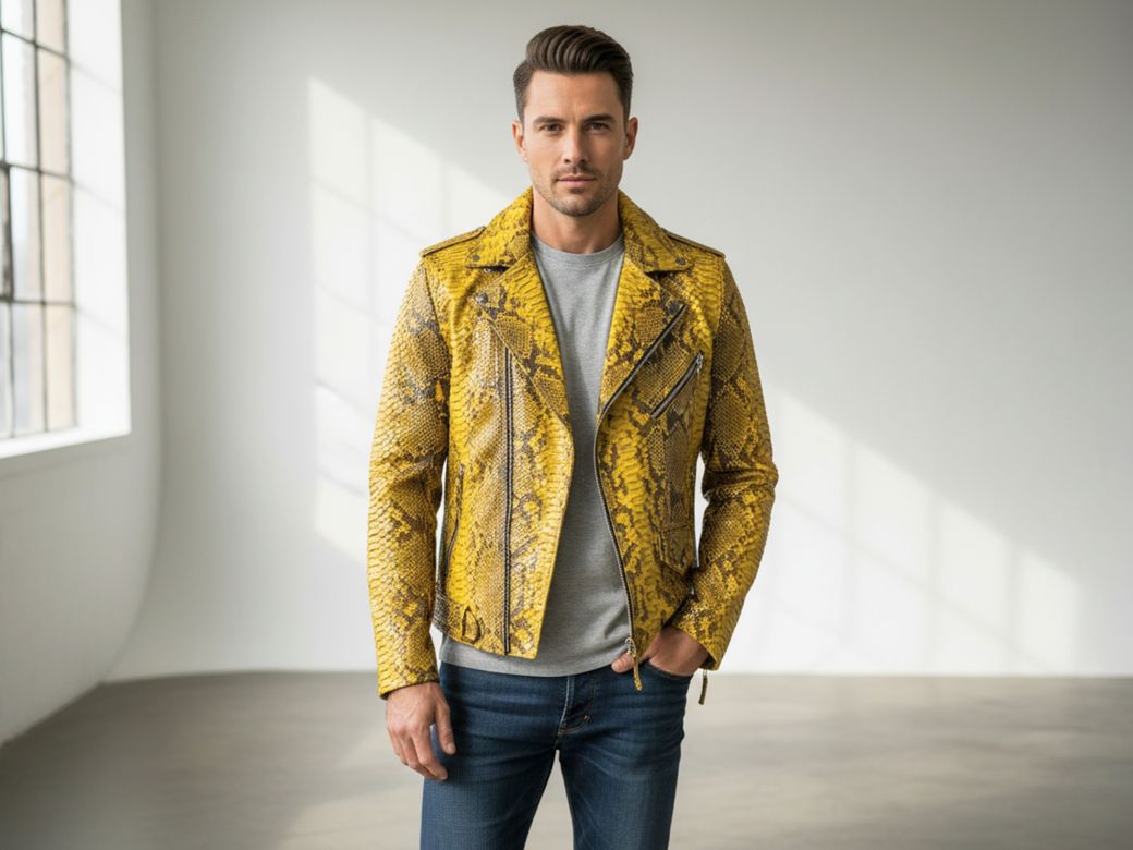 Men&#x27;s Yellow Python Snakeskin Leather Biker Jacket – Genuine Exotic Zip-Up Style