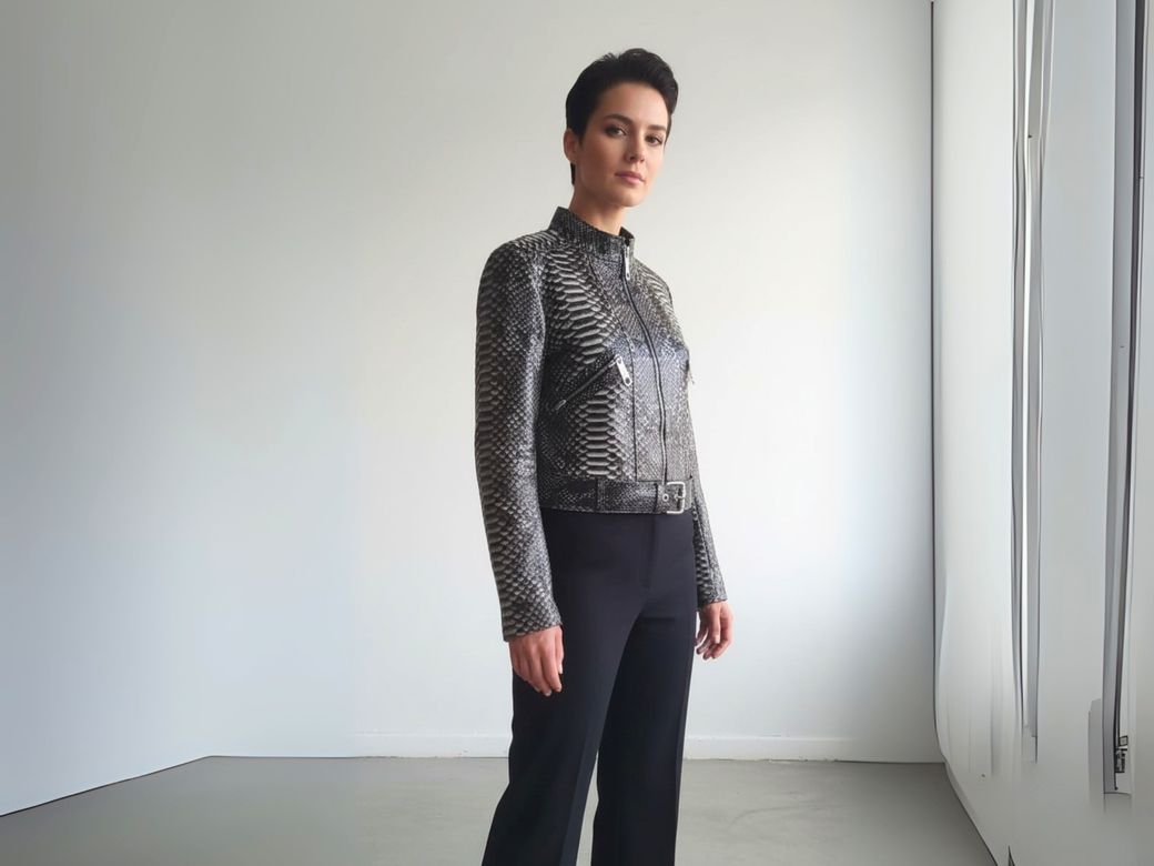 Genuine Python Snakeskin Leather Jacket – Luxe Cropped Style with Belted Waist