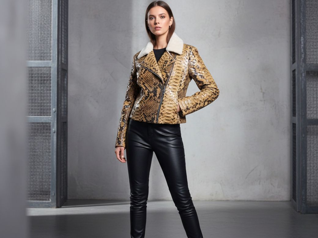 Women&#x27;s Brown Python Leather Shearling Jacket – Genuine Snakeskin Biker Style