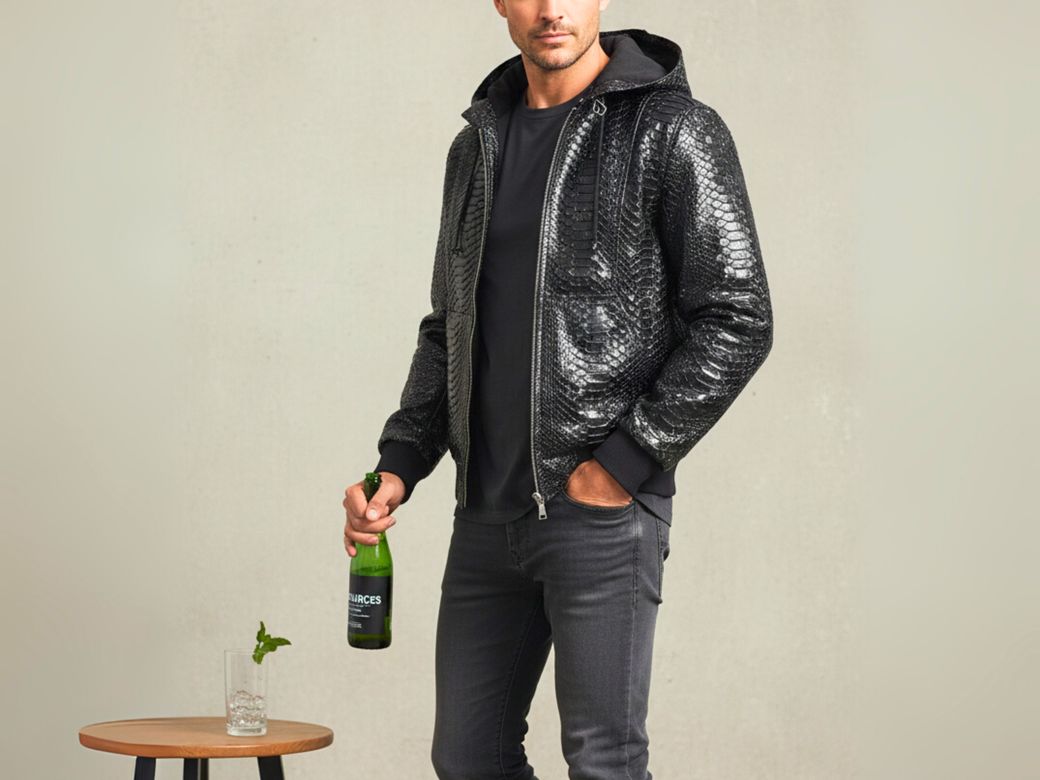 Men’s Black Snakeskin Leather Hoodie Jacket – Street Luxury Edition