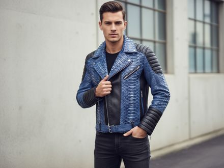 Men’s Blue Python Snakeskin Leather Biker Jacket – Luxury Designer Outerwear