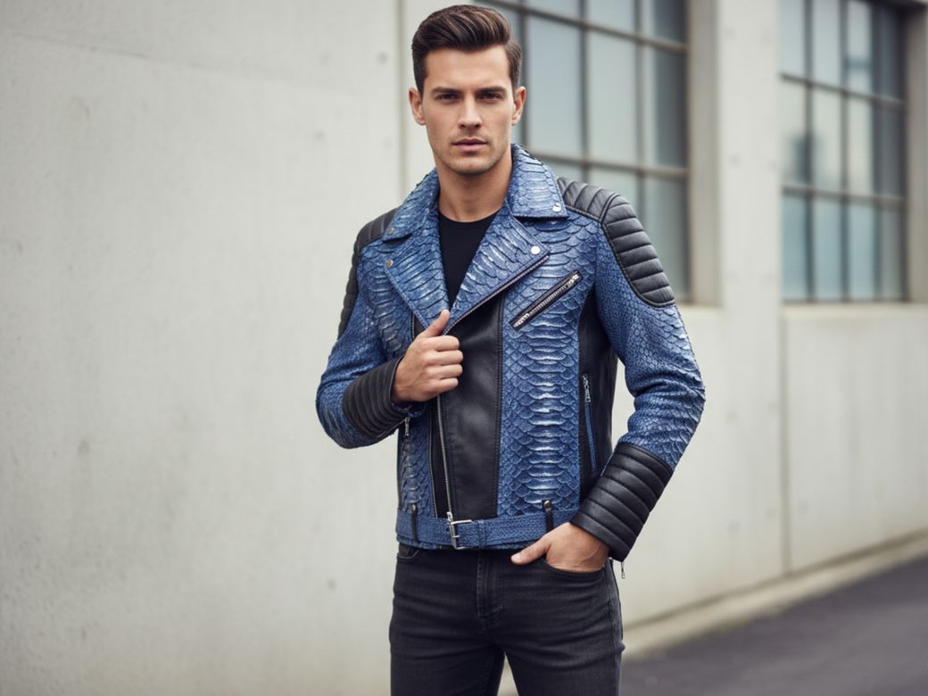 Men’s Blue Python Snakeskin Leather Biker Jacket – Luxury Designer Outerwear