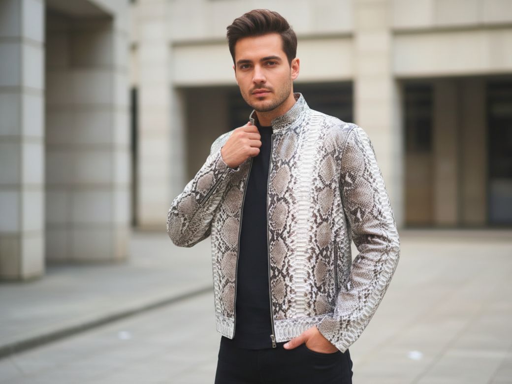 Natural Python Leather Jacket – Handmade Real Snakeskin Slim Fit