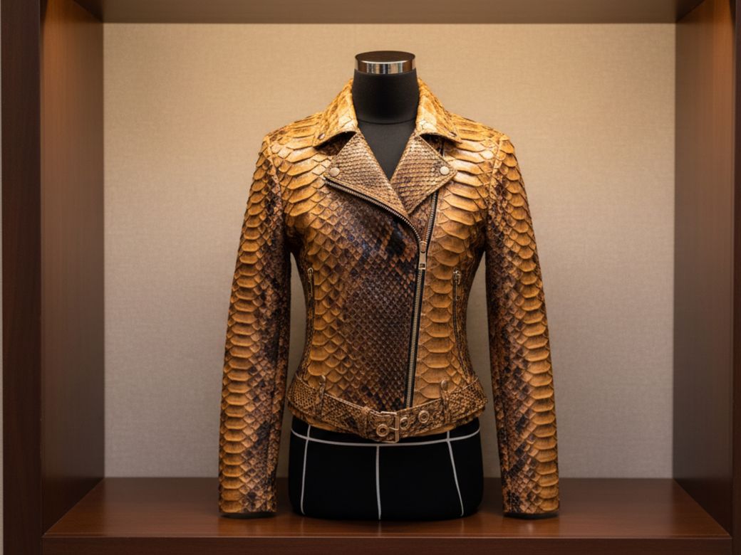 Luxury Genuine Python Snakeskin Leather Jacket – Golden Brown Biker Style